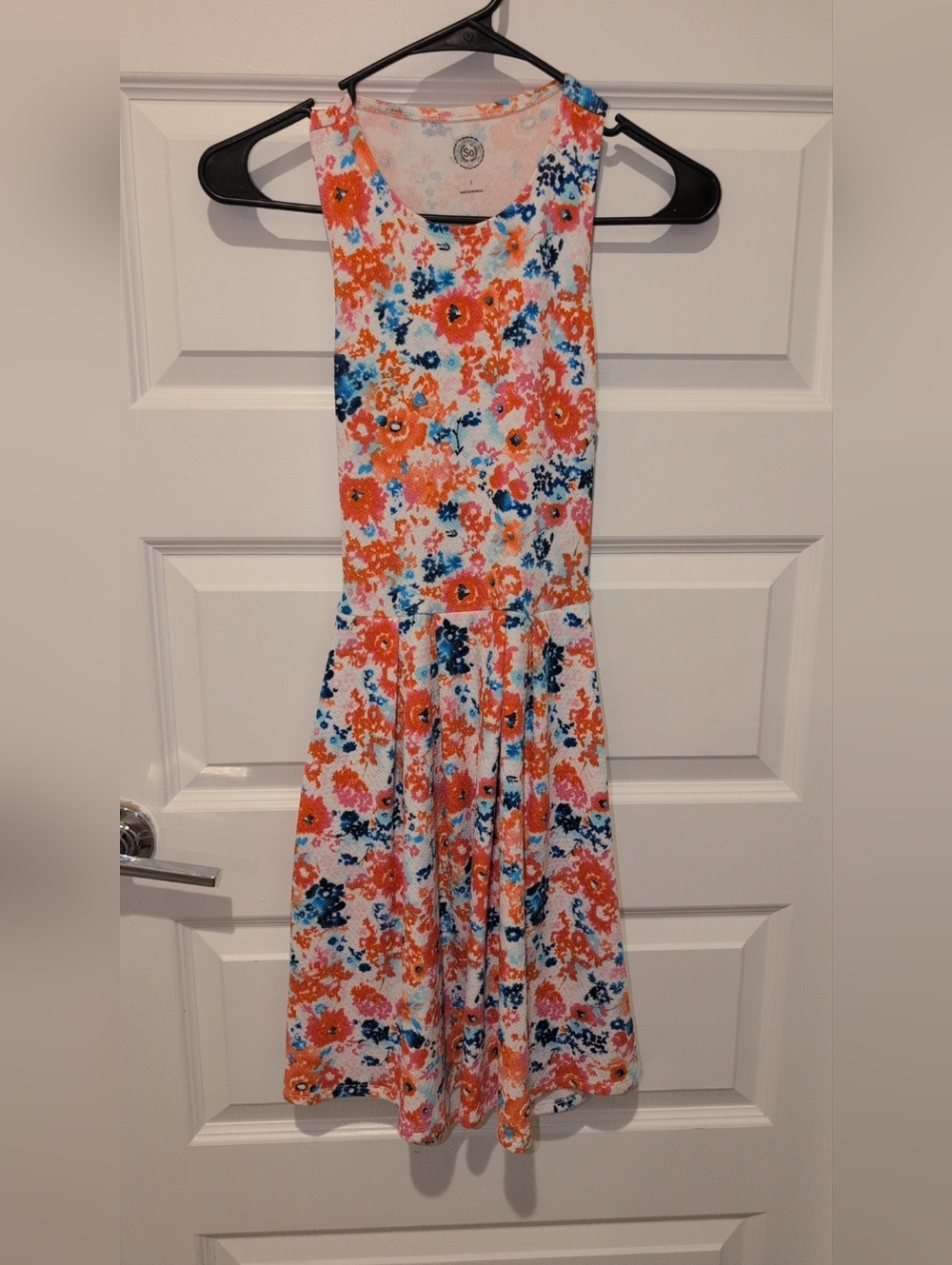 Women Floral Tank Sundress - White with Coral & Blue Flowers